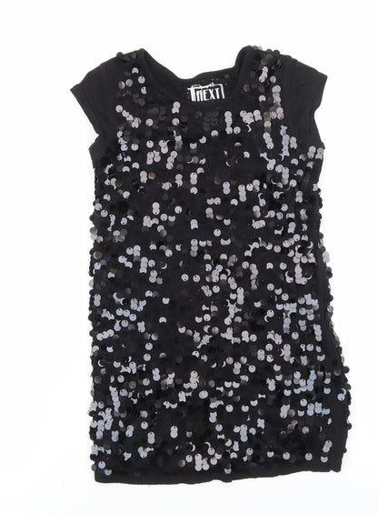 NEXT Girls Black Geometric 100% Cotton Basic T-Shirt Size 4 Years Round Neck Pullover