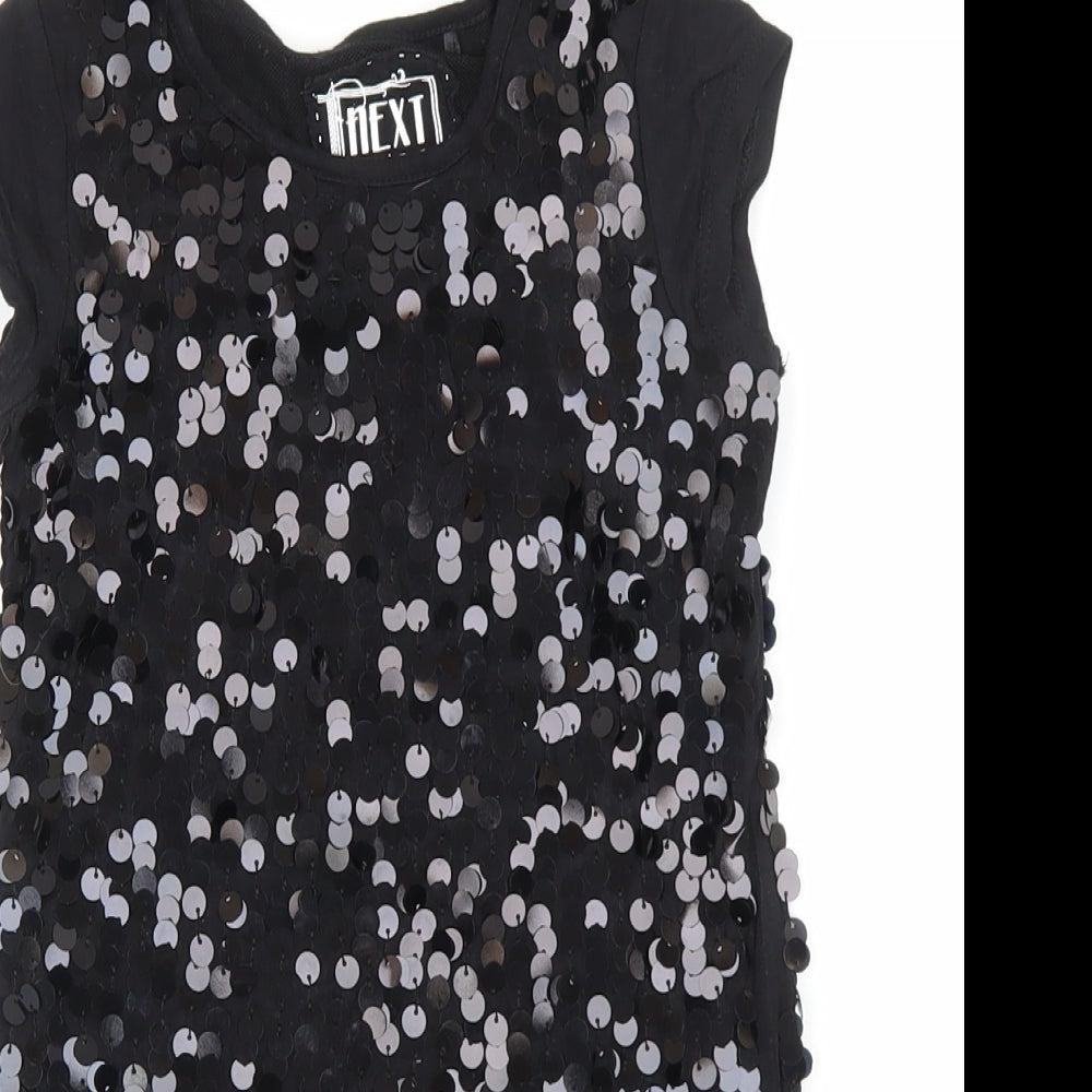 NEXT Girls Black Geometric 100% Cotton Basic T-Shirt Size 4 Years Round Neck Pullover