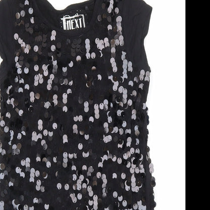 NEXT Girls Black Geometric 100% Cotton Basic T-Shirt Size 4 Years Round Neck Pullover