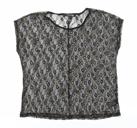 FOREVER 21 Womens Black Floral Nylon Basic T-Shirt Size S Round Neck - Sheer