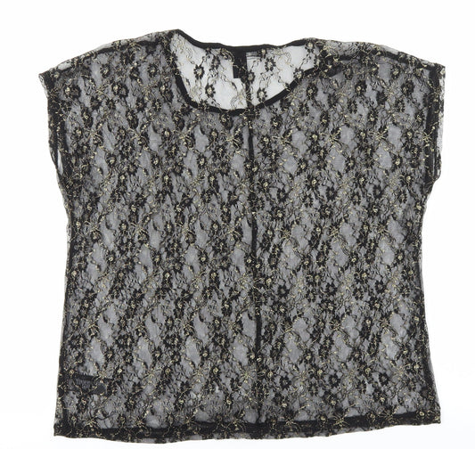 FOREVER 21 Womens Black Floral Nylon Basic T-Shirt Size S Round Neck - Sheer