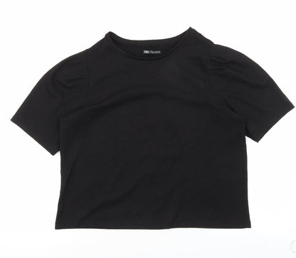 Zara Womens Black Polyester Basic T-Shirt Size L Round Neck - Balloon Sleeves