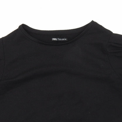 Zara Womens Black Polyester Basic T-Shirt Size L Round Neck - Balloon Sleeves