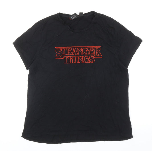 Primark Womens Black Cotton Basic T-Shirt Size L Round Neck - Stranger Things Size UK 14-16