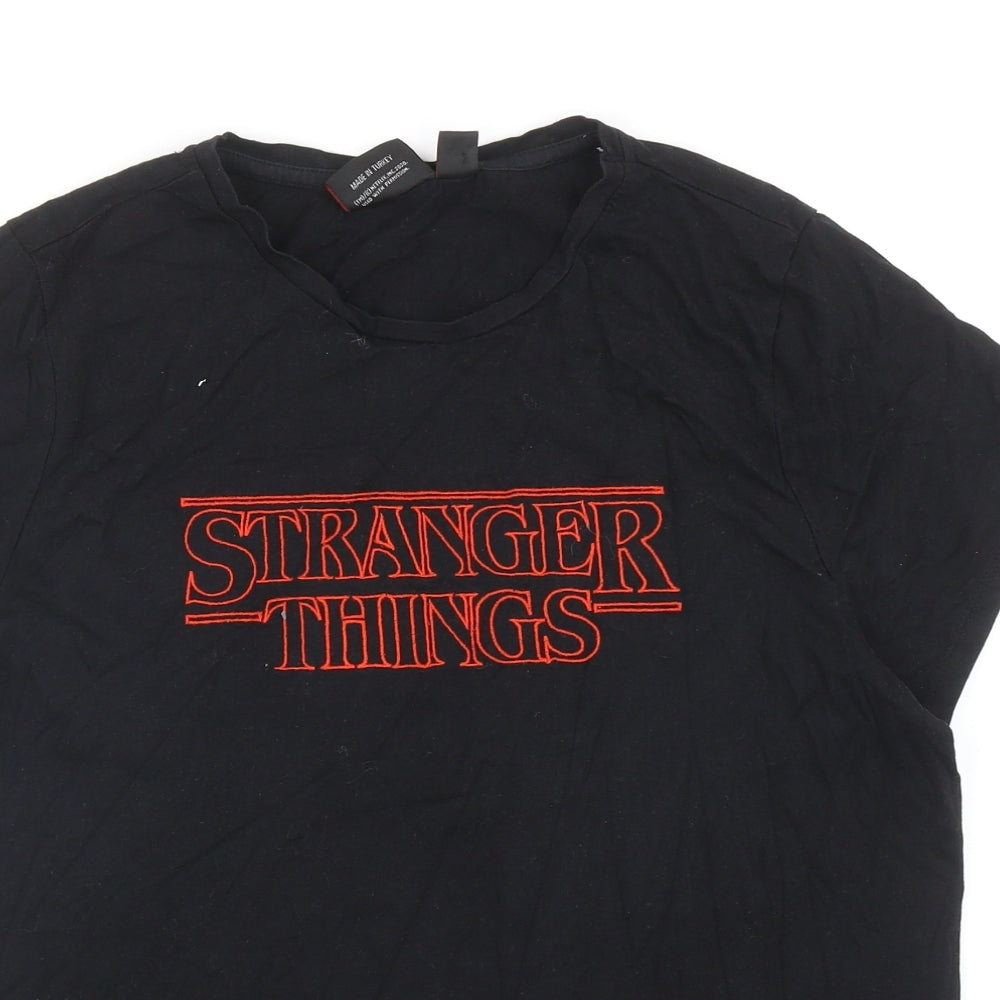 Primark Womens Black Cotton Basic T-Shirt Size L Round Neck - Stranger Things Size UK 14-16