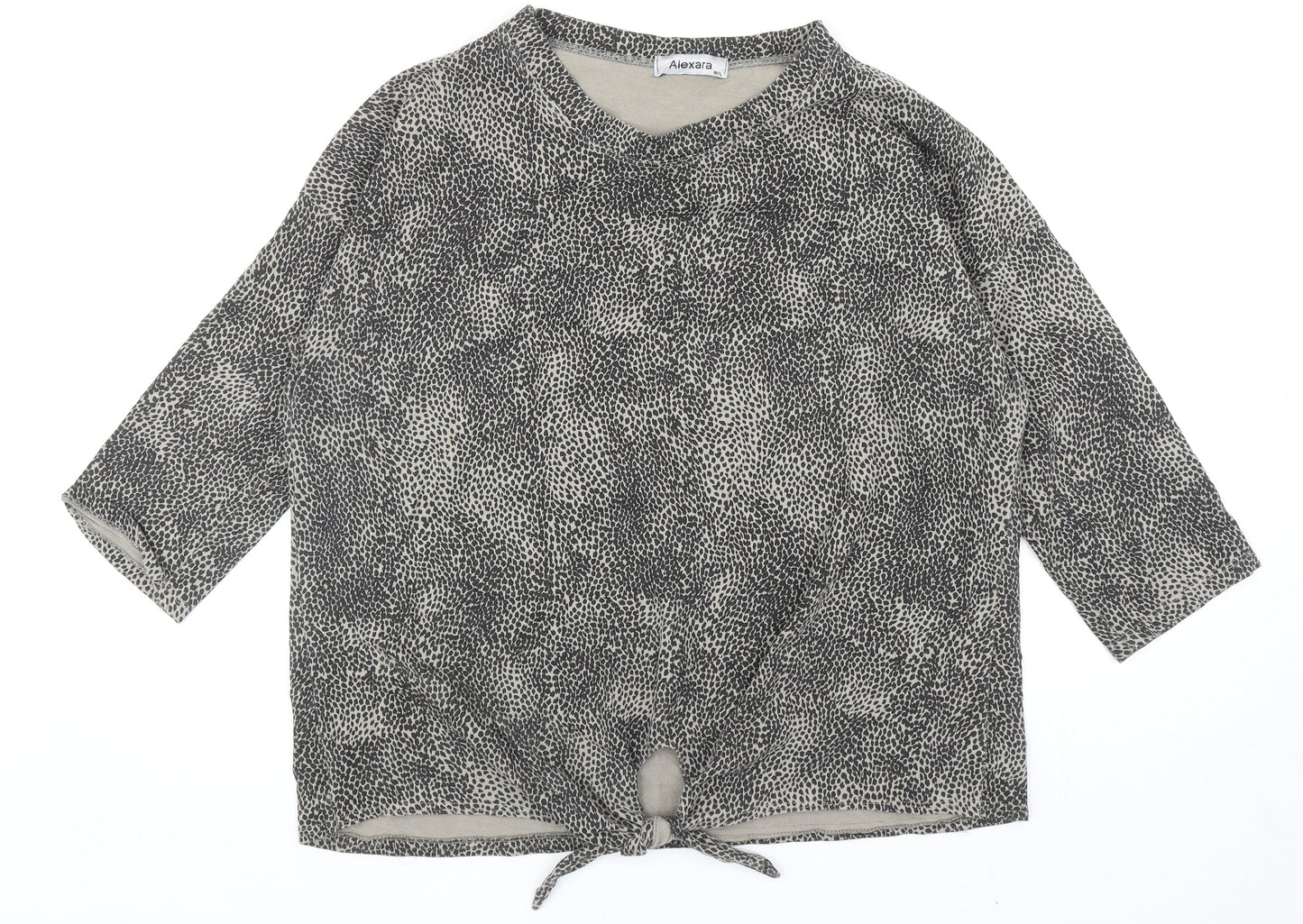 Alexara Womens Grey Animal Print Cotton Basic T-Shirt Size M Round Neck - Leopard Print Tie Detail, UK Size M/L