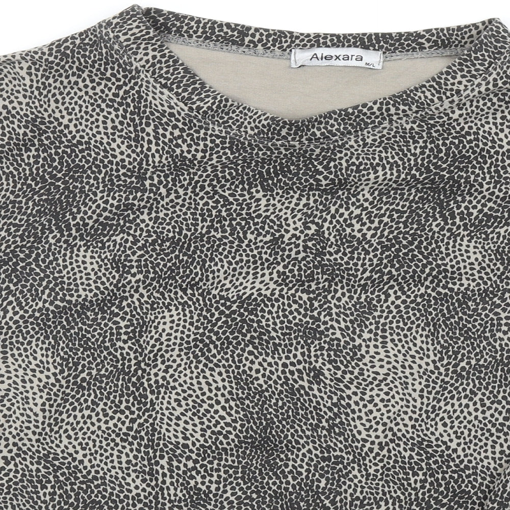 Alexara Womens Grey Animal Print Cotton Basic T-Shirt Size M Round Neck - Leopard Print Tie Detail, UK Size M/L