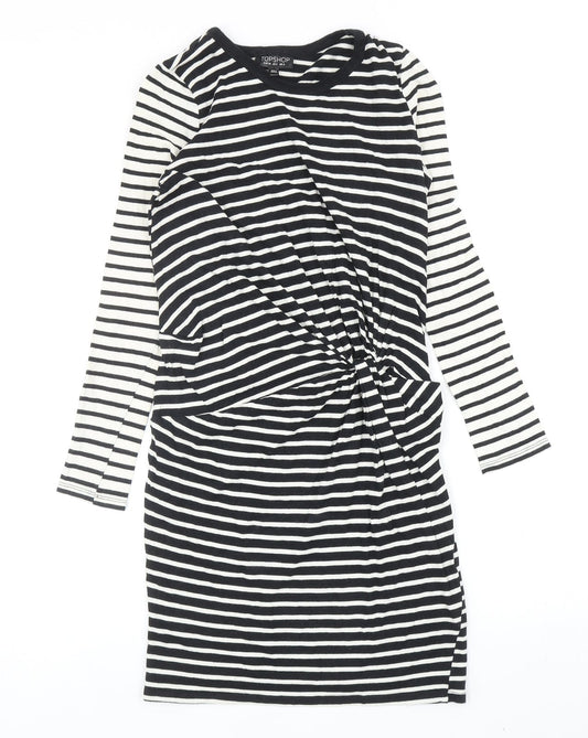 Topshop Womens Black Striped Cotton Bodycon Size 6 Round Neck Pullover - Twist Detail