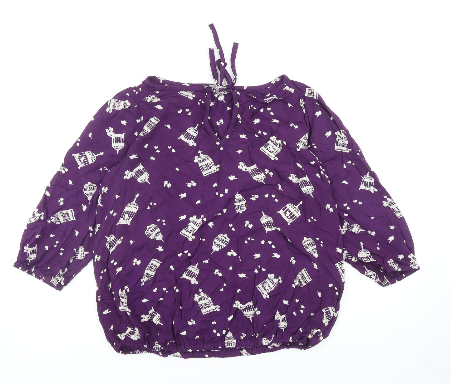 TU Womens Purple Geometric Viscose Basic Blouse Size 12 Boat Neck - Bird Cage Print