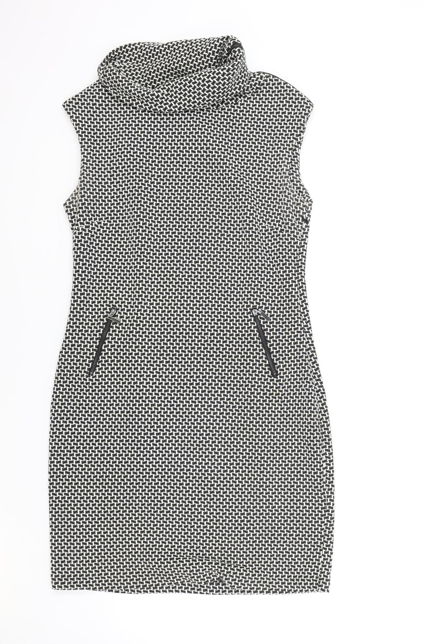 Sabrina Diamanti Womens White Geometric Cotton A-Line Size XL Roll Neck Zip
