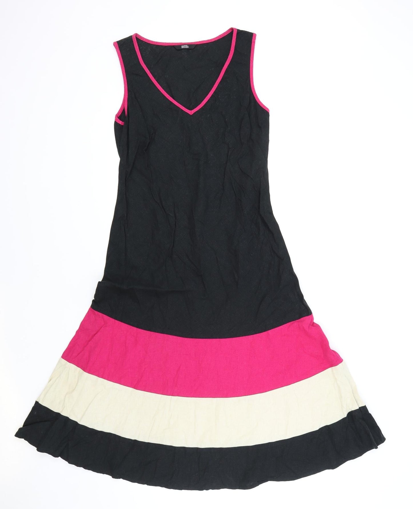 Marks and Spencer Womens Multicoloured Striped Linen Fit & Flare Size 8 V-Neck Pullover