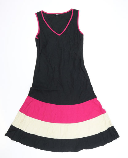 Marks and Spencer Womens Multicoloured Striped Linen Fit & Flare Size 8 V-Neck Pullover