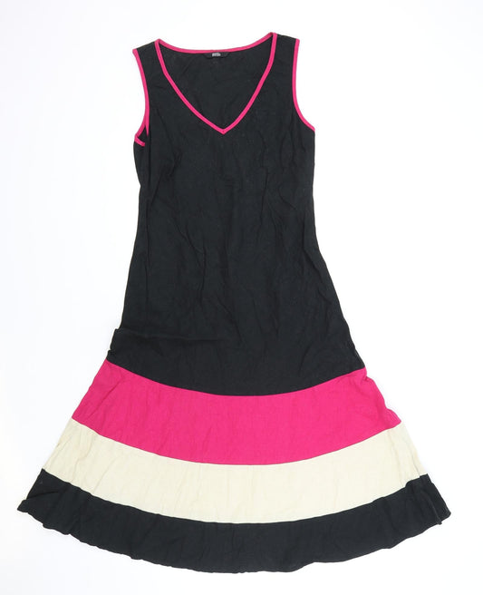 Marks and Spencer Womens Multicoloured Striped Linen Fit & Flare Size 8 V-Neck Pullover