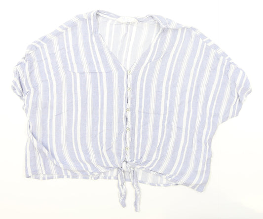 Primark Womens Black Striped Viscose Basic Button-Up Size 14 V-Neck