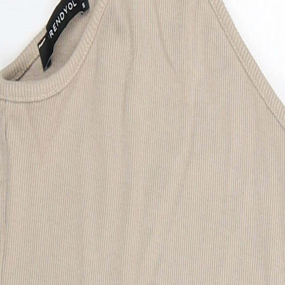 Trendyol Womens Beige Polyester Bodysuit One-Piece Size S Snap - Ribbed