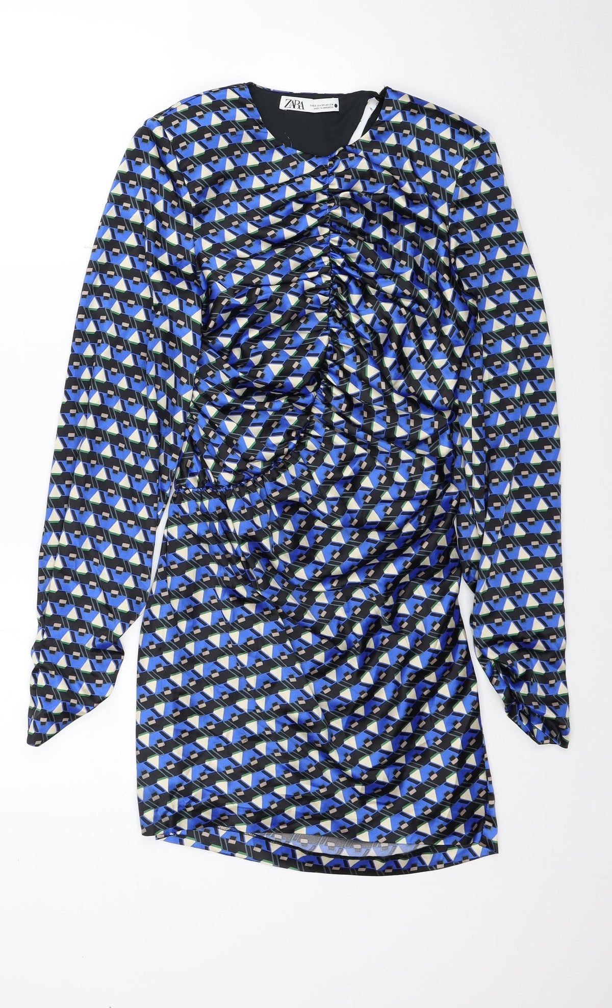 Zara Womens Blue Geometric Polyester Mini Size S Scoop Neck Zip