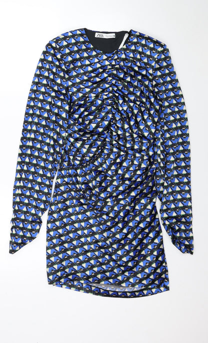Zara Womens Blue Geometric Polyester Mini Size S Scoop Neck Zip