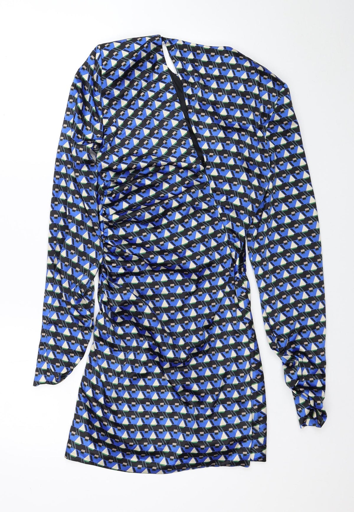 Zara Womens Blue Geometric Polyester Mini Size S Scoop Neck Zip