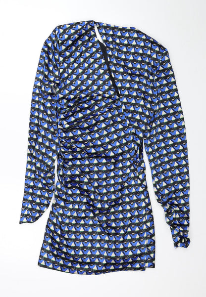 Zara Womens Blue Geometric Polyester Mini Size S Scoop Neck Zip