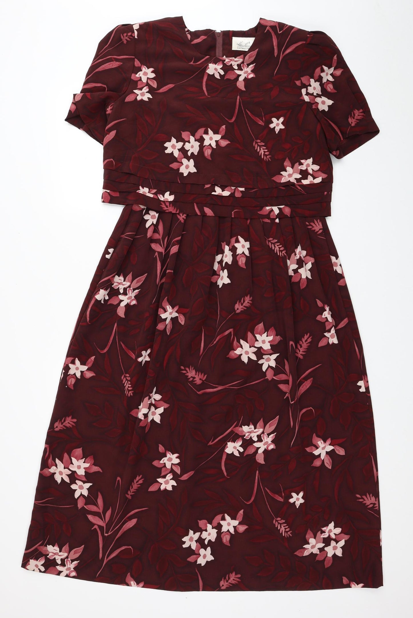 Kathie Lee Collection Womens Red Floral Polyester Fit & Flare Size 8 Round Neck Zip - Shoulder Pads
