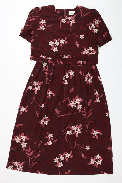 Kathie Lee Collection Womens Red Floral Polyester Fit & Flare Size 8 Round Neck Zip - Shoulder Pads