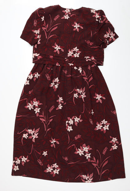 Kathie Lee Collection Womens Red Floral Polyester Fit & Flare Size 8 Round Neck Zip - Shoulder Pads