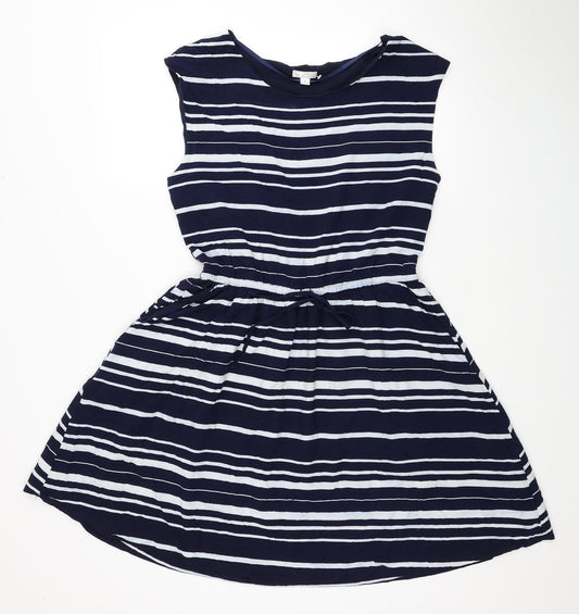 Gap Womens Blue Striped Viscose Fit & Flare Size M Boat Neck Drawstring