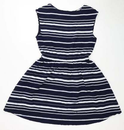 Gap Womens Blue Striped Viscose Fit & Flare Size M Boat Neck Drawstring