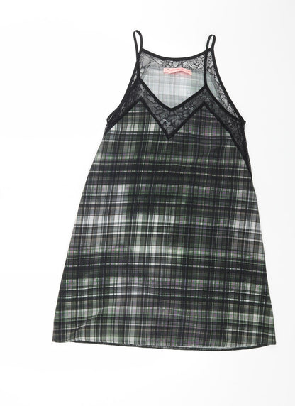 Preworn Womens Grey Check Polyester Slip Dress Size XS V-Neck Pullover - Lace Detail