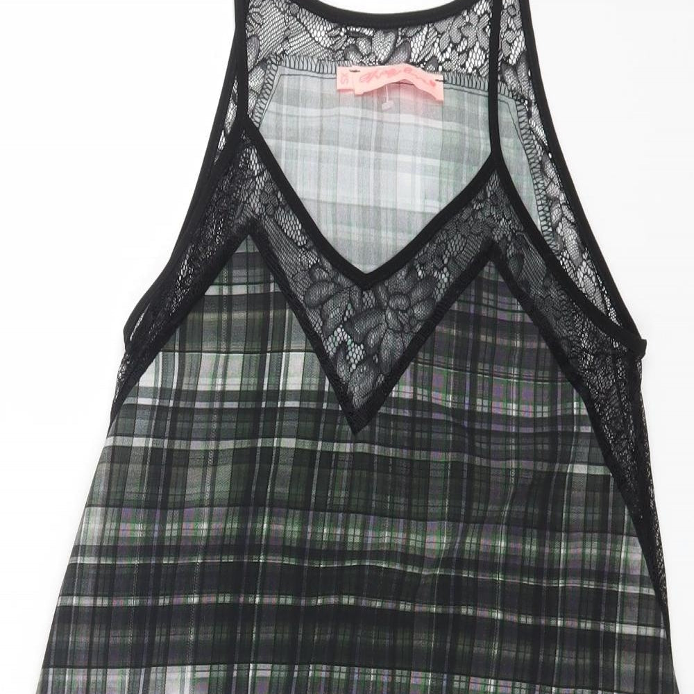 Preworn Womens Grey Check Polyester Slip Dress Size XS V-Neck Pullover - Lace Detail