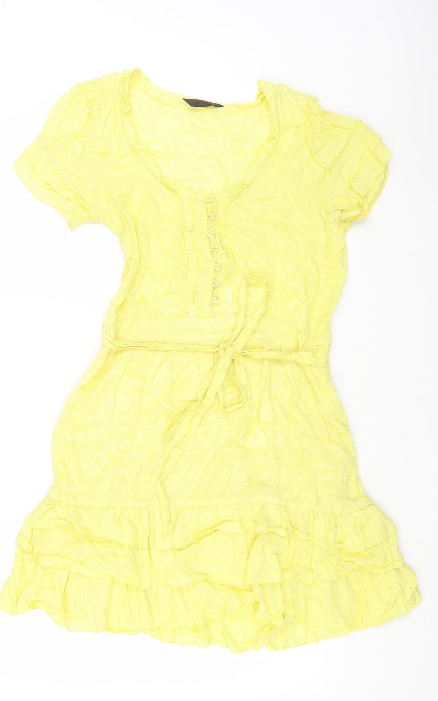 Miss Selfridge Womens Yellow Viscose Fit & Flare Size 12 Scoop Neck Button