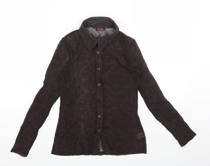 TZAR Womens Brown Geometric Nylon Basic Button-Up Size S Collared - Size S/M