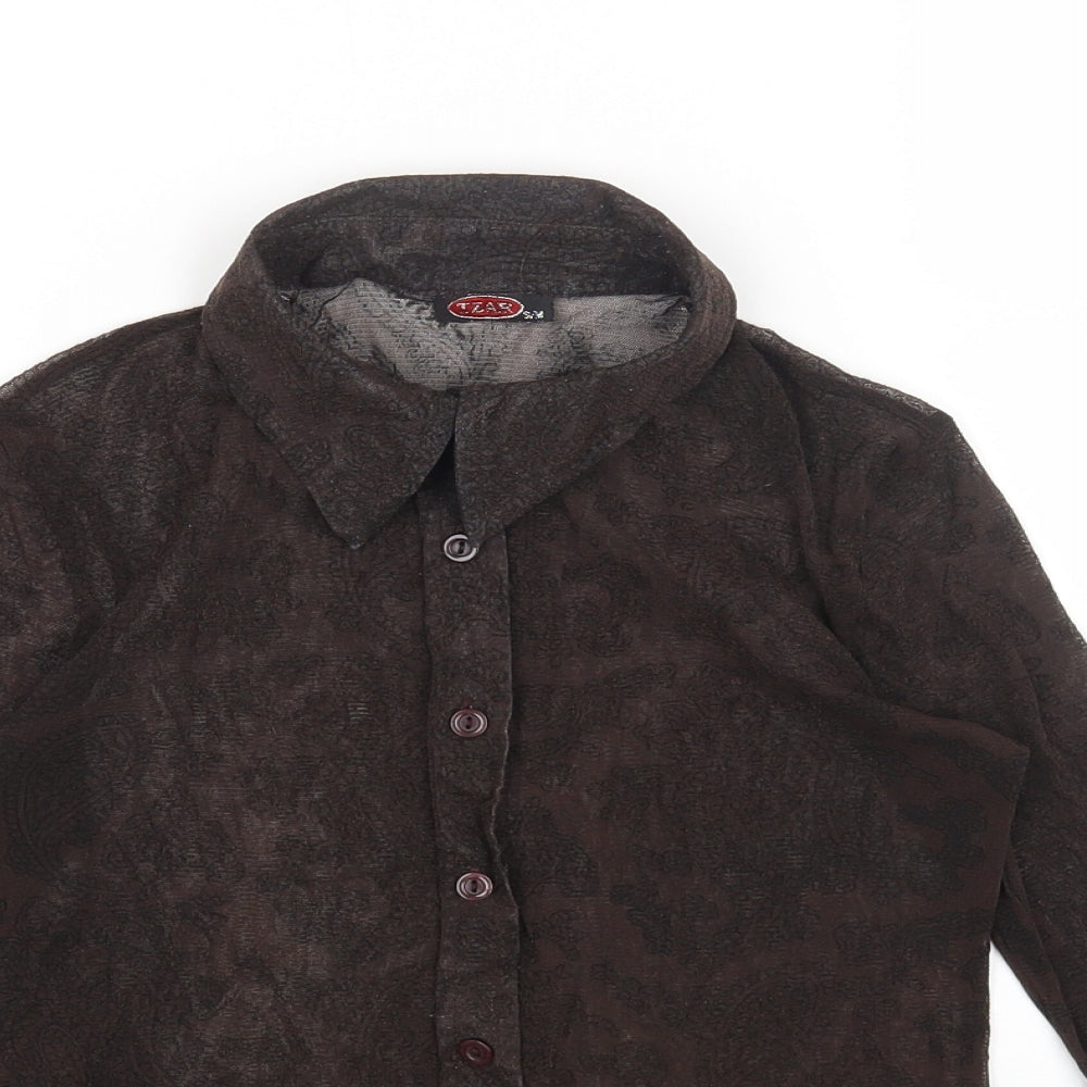 TZAR Womens Brown Geometric Nylon Basic Button-Up Size S Collared - Size S/M
