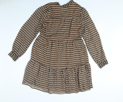 MNG Womens Brown Geometric Polyester Fit & Flare Size 8 Mock Neck Button