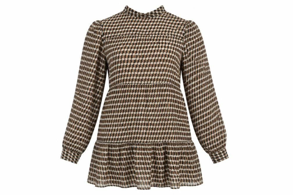MNG Womens Brown Geometric Polyester Fit & Flare Size 8 Mock Neck Button