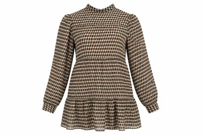 MNG Womens Brown Geometric Polyester Fit & Flare Size 8 Mock Neck Button