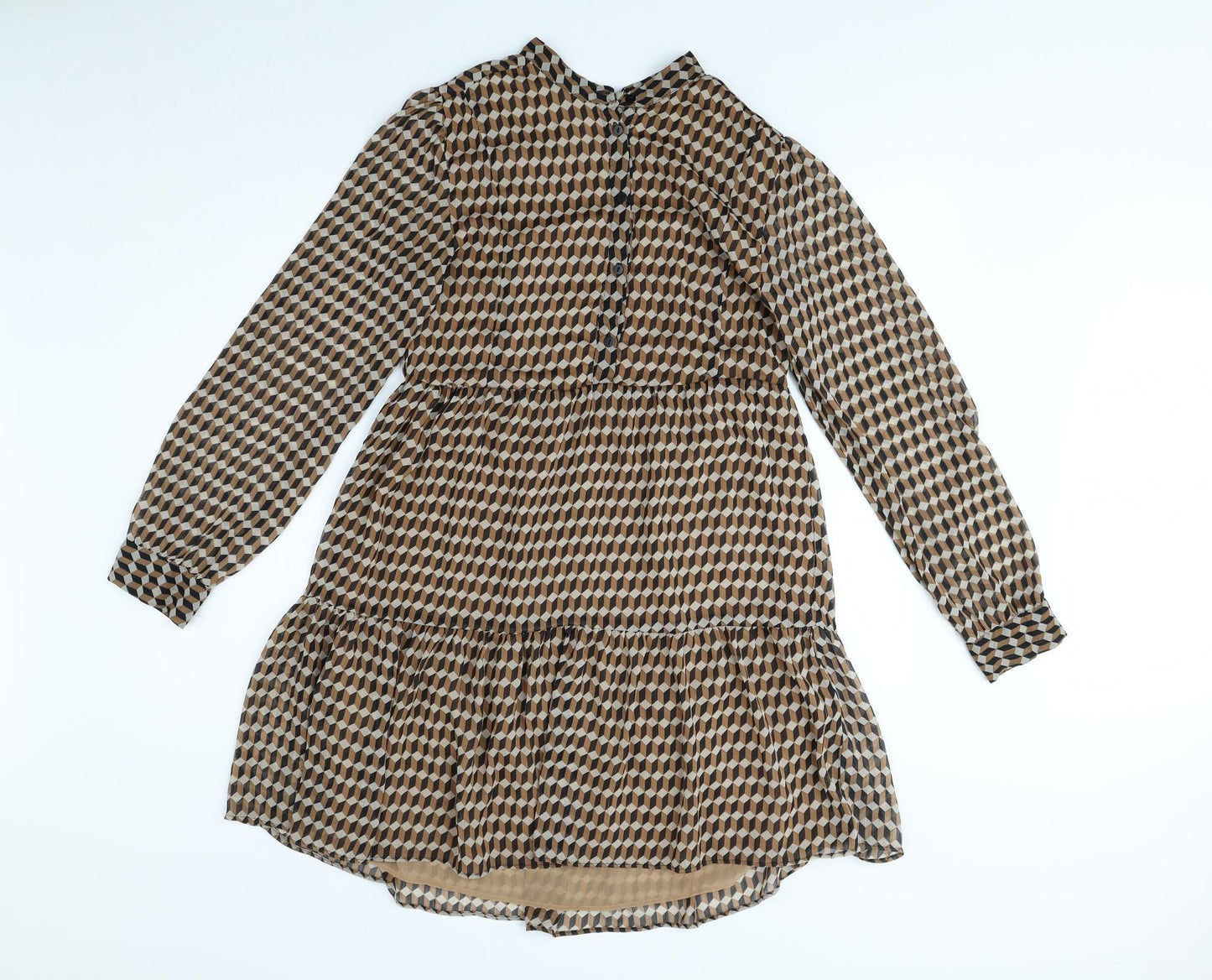 MNG Womens Brown Geometric Polyester Fit & Flare Size 8 Mock Neck Button