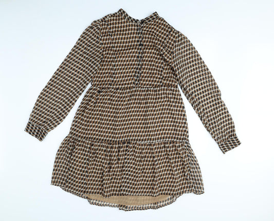 MNG Womens Brown Geometric Polyester Fit & Flare Size 8 Mock Neck Button