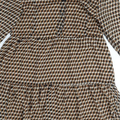 MNG Womens Brown Geometric Polyester Fit & Flare Size 8 Mock Neck Button