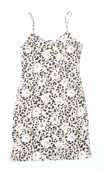 Quiz Womens Brown Geometric Polyester Bodycon Size 6 Round Neck Pullover - Floral Leopard Print
