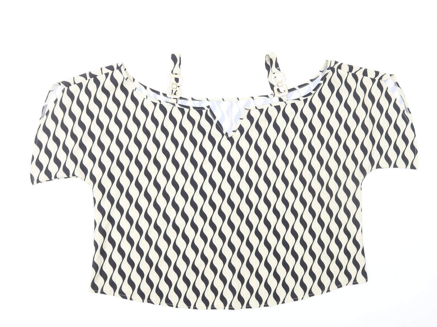 SheIn Womens Ivory Geometric Polyester Basic T-Shirt Size L Boat Neck - Cold Shoulder