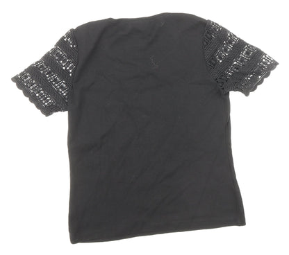 CC Womens Black Polyester Basic T-Shirt Size S Round Neck - Lace Sleeve Detail