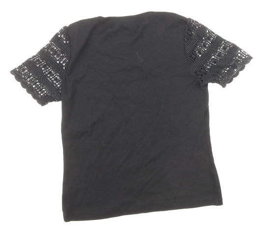 CC Womens Black Polyester Basic T-Shirt Size S Round Neck - Lace Sleeve Detail
