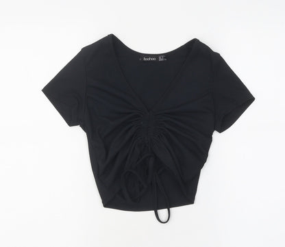 Boohoo Womens Black Polyester Cropped T-Shirt Size 6 V-Neck - Ruched