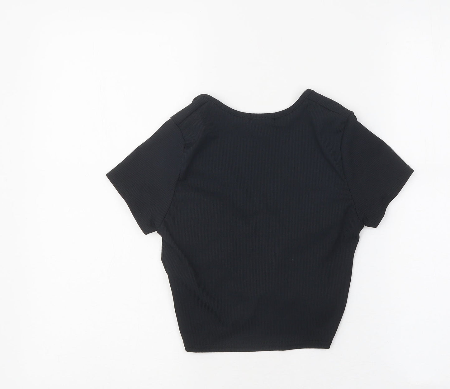 Boohoo Womens Black Polyester Cropped T-Shirt Size 6 V-Neck - Ruched