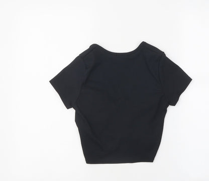 Boohoo Womens Black Polyester Cropped T-Shirt Size 6 V-Neck - Ruched