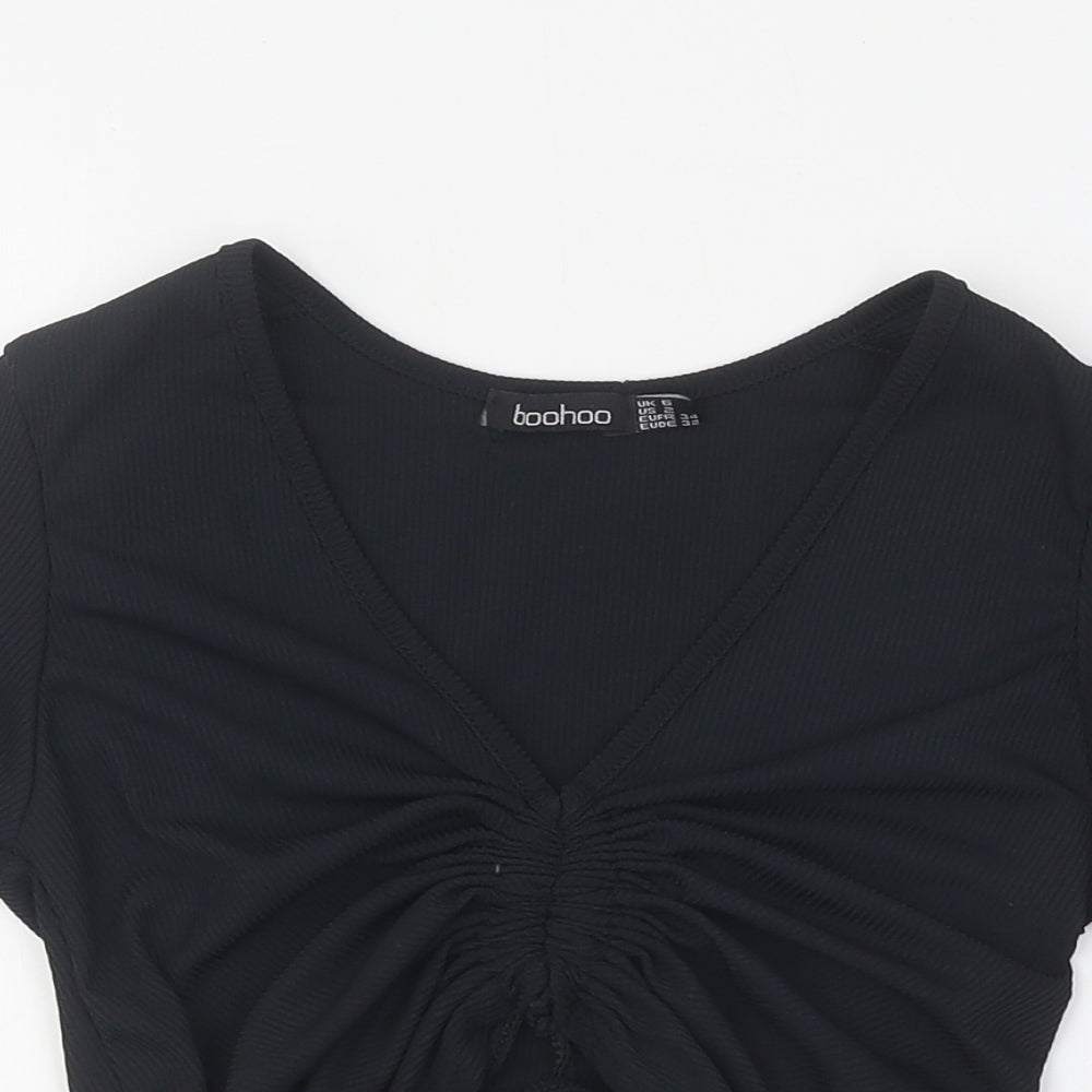 Boohoo Womens Black Polyester Cropped T-Shirt Size 6 V-Neck - Ruched