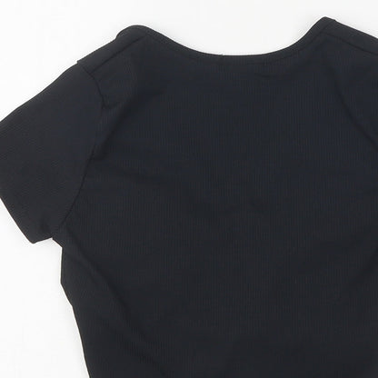 Boohoo Womens Black Polyester Cropped T-Shirt Size 6 V-Neck - Ruched