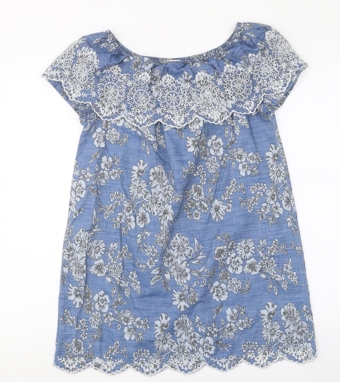 TU Womens Blue Floral 100% Cotton Mini Size 8 Off the Shoulder Pullover