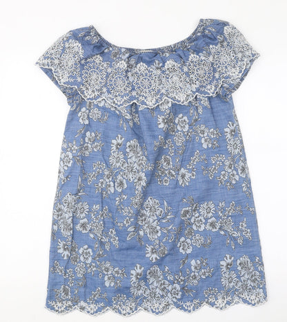 TU Womens Blue Floral 100% Cotton Mini Size 8 Off the Shoulder Pullover